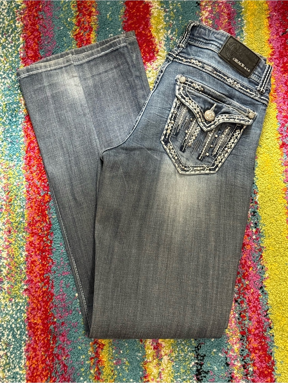 Grace in LA Bootcut Jeans Women’s Size 29 Embellished Flap Pocket Medium Wash